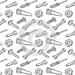 Vector pattern with handdrawn construction tools: saw hammer screw screwdriver nut wrench.